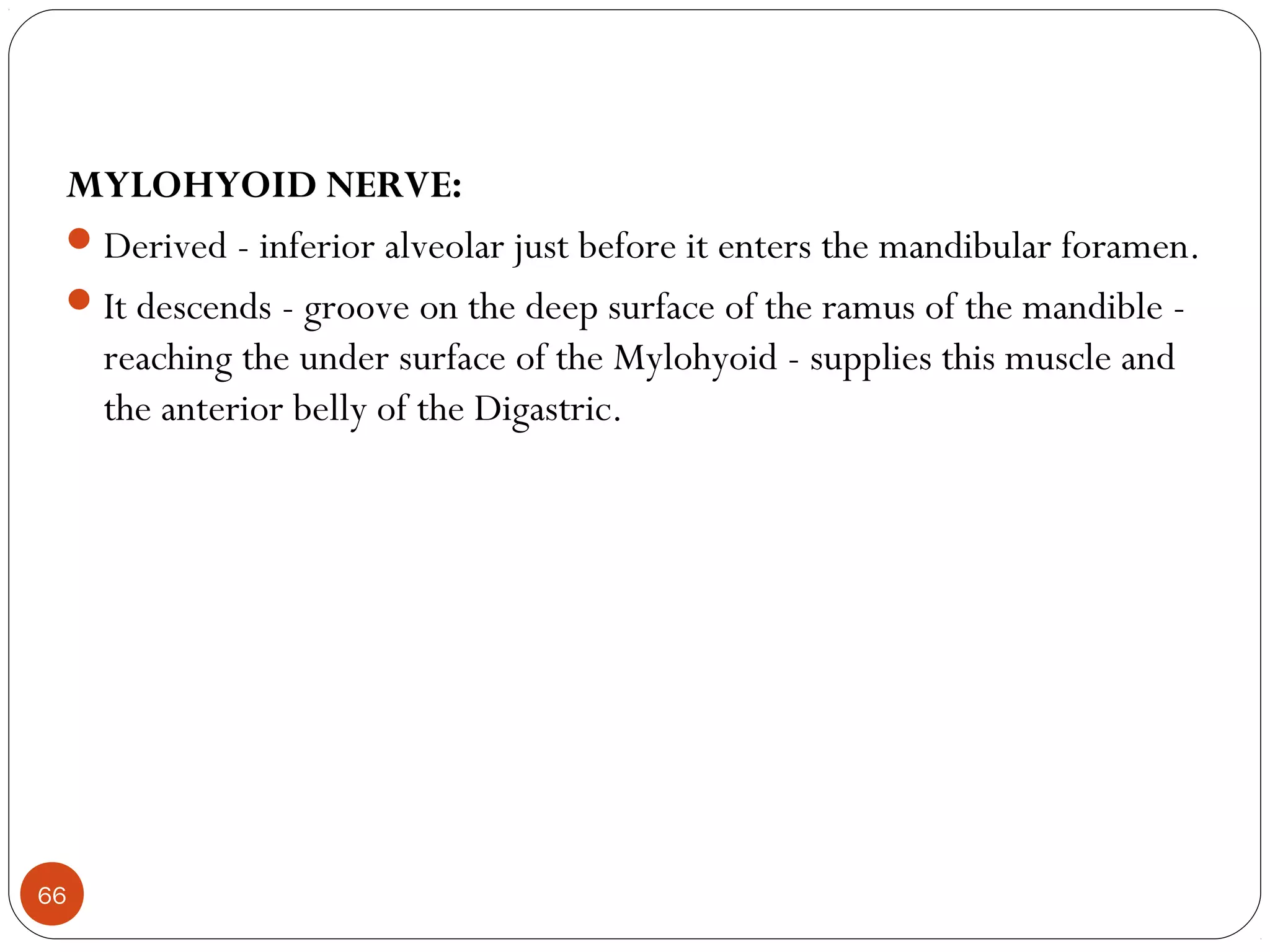 MYLOHYOID NERVE:
Derived - inferior alveolar just before it enters the mandibular foramen.
It descends - groove on the deep surface of the ramus of the mandible -
reaching the under surface of the Mylohyoid - supplies this muscle and
the anterior belly of the Digastric.
66
 