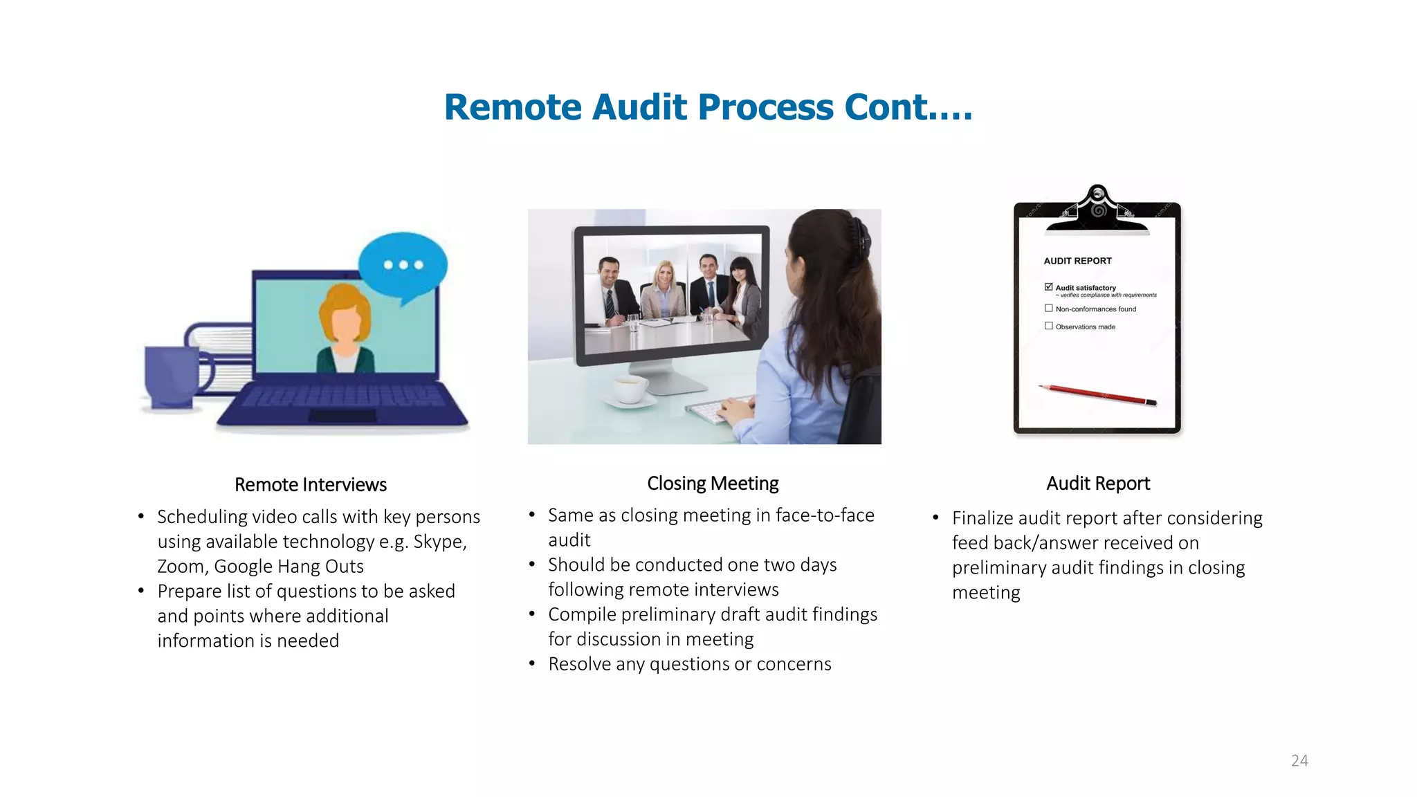 24
Remote Interviews
• Scheduling video calls with key persons
using available technology e.g. Skype,
Zoom, Google Hang Outs
• Prepare list of questions to be asked
and points where additional
information is needed
Closing Meeting
• Same as closing meeting in face-to-face
audit
• Should be conducted one two days
following remote interviews
• Compile preliminary draft audit findings
for discussion in meeting
• Resolve any questions or concerns
Audit Report
• Finalize audit report after considering
feed back/answer received on
preliminary audit findings in closing
meeting
Remote Audit Process Cont.…
 