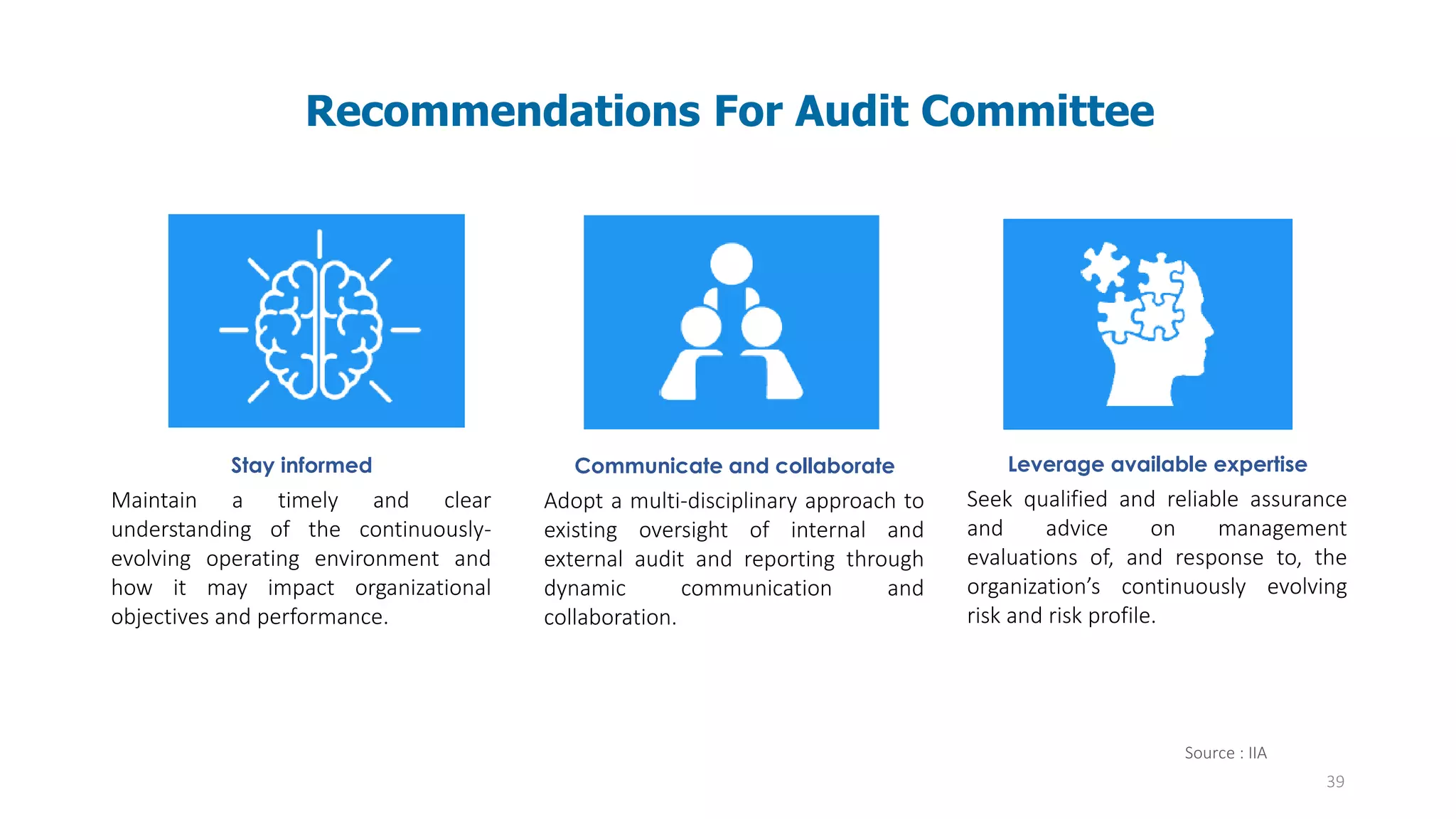 39
Recommendations For Audit Committee
Stay informed
Maintain a timely and clear
understanding of the continuously-
evolving operating environment and
how it may impact organizational
objectives and performance.
Communicate and collaborate
Adopt a multi-disciplinary approach to
existing oversight of internal and
external audit and reporting through
dynamic communication and
collaboration.
Leverage available expertise
Seek qualified and reliable assurance
and advice on management
evaluations of, and response to, the
organization’s continuously evolving
risk and risk profile.
Source : IIA
 