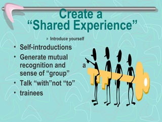Create a  “Shared Experience” Introduce yourself Self-introductions  Generate mutual recognition and  a sense of “group” Talk “with”not “to” trainees 
