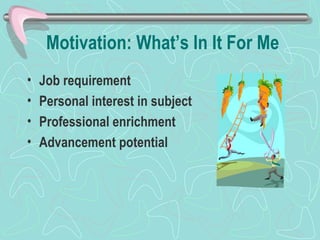 Motivation: What’s In It For Me Job requirement  Personal interest in subject Professional enrichment Advancement potential 