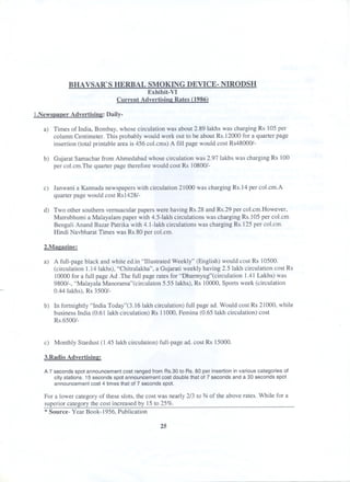 BHA VSAR'S HERBAL SMOKING DEVICE- NIRODSH
Exhibit-VI
Current Advertisine Rates (1986)
I.Newspaper Advertisine: Daily-
a) Times of India, Bombay, whose circulation was about 2.89 lakhs was charging Rs 105 per
column Centimeter. This probably would work out to be about Rs.12000 for a quarter page
insertion (total printable area is 456 col.cms) A fill page would cost Rs48000/-
b) Gujarat Samachar from Ahmedabad whose circulation was 2.97 lakhs was charging Rs 100
per col.cm.The quarter page therefore would cost Rs 10800/-
c) Janwani a Kannada newspapers with circulation 21000 was charging Rs.14 per col.cm.A
quarter page would cost RsI428/-
d) Two other southern vernuacular papers were having Rs.28 and Rs.29 per col.cm.However,
Matrubhumi a Malayalam paper with 4.5-lakh circulations was charging Rs.I 05 per col.cm
Bengali Anand Bazar Patrika with 4.1-lakh circulations was charging Rs.125 per col.cm.
Hindi Navbharat Times was Rs.80 per col.cm.
2.Maeazine:
a) A full-page black and white ed.in "Illustrated Weekly" (English) would cost Rs 10500.
(circulation 1.14Iakhs), "Chitralakha", a Gujarati weekly having 2.5 lakh circulation cost Rs
10000 for a full page Ad .The full page rates for "Dharmyug"(circulation 1.41 Lakhs) was
9800/-, "Malayala Manorama"(circulaton 5.55 lakhs), Rs 10000, Sports week (circulation
0.44 lakhs), Rs 3500/-
b) In fortnightly "India Today"(3.16Iakh circulation) full page ad. Would cost Rs 21000, while
business India (0.61 lakh circulation) Rs 11000, Femina (0.65 lakh circulation) cost
Rs.6500/-
c) Monthly Stardust (1.45 lakh circulation) full-page ad. cost Rs 15000.
3.Radio Advertisine:
A 7 seconds spot announcement cost ranged from Rs.30 to Rs. 80 per insertion in various categories of
city stations. 15 seconds spot announcement cost double that of 7 seconds and a 30 seconds spot
announcement cost 4 times that of 7 seconds spot.
For a lower category of these slots, the cost was nearly 2/3 to % of the above rates. While for a
superior category the cost increased by 15 to 25%.
* Source- Year Book-I956, Publication
25
 