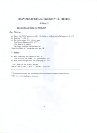 BHAVSAR'S HERBAL SMOKING DEVICE- NIRODSH
Exhibit.VI

The Cost Structure for Nirdosh*
l.Raw Material:
a) Herbs for 1000 Cigarettes cost Rs 150.00.Herbs for I packet (10 Cigarettes) Rs 1.50
b) I packet ** =RsO.25
c) Packaging paper @ Rs 120 per ream
One Ream= 144 sheet (20" x 30")
One sheet = 20 packets
Packaging paper per packet= Rs.0.04
Total Raw Material Cost per Packet =Rs1.79
2. Labor:
a) Rate for rolling 100 cigarettes= Rs 3.50
Cost of rolling one packet (10 Cigarettes)=Rs.035
b) Raw material preparation and packaging =Rs 0.10
Total Labor cost per packet= Rs0.45.
TOTAL MANUFACTURING COST=Rs.2.24//packet

* The estimates presented here were based on the best judgment of owner of Maans Products.
** The box used for packing the cigarettes.

27

 