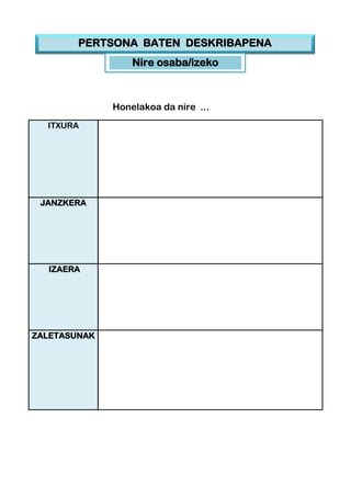 Honelakoa da nire ...
ITXURA
JANZKERA
IZAERA
ZALETASUNAK
PERTSONA BATEN DESKRIBAPENA
Nire osaba/izeko
 