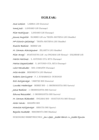 EGILEAK:

Ana Urkiza :      LARREA LHI (Zornotza)

Inma Juez :   LANDAKO LHI (Durango)

Pilar Rodríguez :    LANDAKO LHI (Durango)

Josune Angoitia :    ELORRIO LHI eta TRAÑA-MATIENA LHI (Abadiño)

Mª Victoria Gallastegi :   TRAÑA-MATIENA LHI (Abadiño)

Eneritz Badiola :    BERRIZ LHI

M. Carmen Aiarzaguena :       ZELAIETA LHI (Abadiño)

Pilar Arregi :   ANAITASUNA LHI eta ONGARAI LHI (Ermua) – ZALDIBAR LHI

Marta Martínez :     S. ANTONIO–STA. RITA (Durango)

Mertxe Sagastizabal :    S. ANTONIO–STA. RITA (Durango)

Leire Hernández :    SDO. CORAZÓN (Durango)

Mila Arrieta :   BEKOBENTA LHI (Markina)

Roberto Sarriugarte :    F. J. ZUMARRAGA– DURANGO

Esti Astigarraga :    URRITXE BHI (Zornotza)

Lourdes Madariaga :     BERRIZ BHI – J. OROBIOGOITIA BHI (Iurreta)

Joana Badiola :    J. OROBIOGOITIA BHI (Iurreta)

Edurne Basozabal :     J. OROBIOGOITIA BHI (Iurreta)

M. Carmen Bidezabal :      ONGARAI BHI – ANAITASUNA BHI (Ermua)

Aster Navas :    ABADIÑO BHI

Arantza Astigarraga :      ARRATIA BHI (Igorre)

Begoña Anakabe :      BEKOBENTA BHI (Markina)

DURANGOKO BERRITZEGUNEA:           Jon López, Joseba Ibarra   eta   Joseba Eguren
 