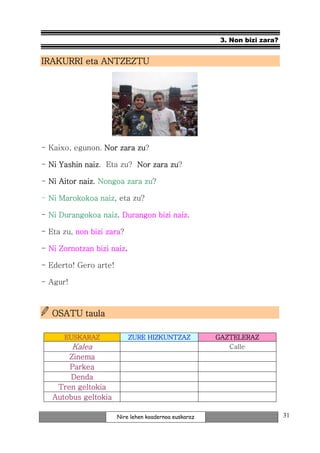 3. Non bizi zara?


IRAKURRI eta ANTZEZTU




- Kaixo, egunon. Nor zara zu
                          zu?

- Ni Yashin naiz Eta zu? Nor zara zu
            naiz.                 zu?

- Ni Aitor naiz Nongoa zara zu
           naiz.            zu?

- Ni Marokokoa naiz eta zu?
               naiz,

- Ni Durangokoa naiz. Durangon bizi naiz.
                naiz                naiz

- Eta zu, non bizi zara
                   zara?

- Ni Zornotzan bizi naiz.
                    naiz.

- Ederto! Gero arte!

- Agur!



   OSATU taula

      EUSKARAZ              ZURE HIZKUNTZAZ            GAZTELERAZ
          Kalea                                           Calle
       Zinema
       Parkea
       Denda
    Tren geltokia
   Autobus geltokia

                       Nire lehen koadernoa euskaraz                        31
 