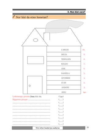 3. Non bizi zara?

     Nor bizi da etxe honetan?




                                                                        CARLOS                10.

                                                                        DELIA                  9.

                                                                        YERALDIN               8.

                                                                        KOLDO                  7.

                                                                        ANE                    6.

                                                                        DANIELA                5.

                                                                        AITZIBER               4.

                                                                        JUAN                   3.

                                                                        ANDONI                 2.

                                                                        JOSU                  1go

Lehenengo pisuan Josu bizi da.                                      (1go)
Bigarren pisuan ......................................              (......)
.................................................................   (......)
.................................................................   (......)
.................................................................   (......)
.................................................................   (......)
.................................................................   (......)
.................................................................   (......)
.................................................................   (......)
.................................................................   (......)
                                        Nire lehen koadernoa euskaraz                               35
 