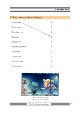 3. Non bizi zara?



 Lotu zenbakiak eta letrak:
Lehenengo                                         10.

Hirugarren                                        7.

Zortzigarren                                      3.

Bigarren                                          1.

Bosgarren                                         4.

Bederatzigarren                                   2.

Seigarren                                         9.

Laugarren                                         5.

Hamargarren                                       8.

Zazpigarren                                       6.




                     - Kaixo, nongoa zara?
                     - ñix@5>ç;r|q#’&fkØa

                  Nire lehen koadernoa euskaraz                             36
 