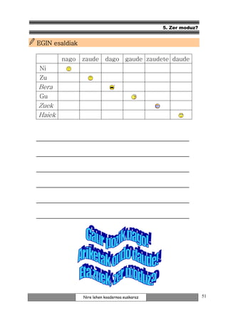 5. Zer moduz?


EGIN esaldiak

        nago    zaude      dago gaude zaudete daude
Ni
Zu
Bera
Gu
Zuek
Haiek


__________________________________________

__________________________________________

__________________________________________

__________________________________________

__________________________________________

__________________________________________




                Nire lehen koadernoa euskaraz                   51
 