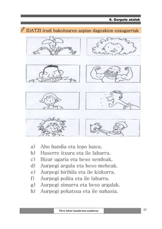 6. Gorputz atalak


IDATZI irudi bakoitzaren azpian dagozkion ezaugarriak




  a)   Aho handia eta lepo luzea.
  b)   Haserre itxura eta ile laburra.
  c)   Bizar ugaria eta beso sendoak.
  d)   Aurpegi argala eta beso meheak.
  e)   Aurpegi biribila eta ile kizkurra.
  f)   Aurpegi polita eta ile laburra.
  g)   Aurpegi zimurra eta beso argalak.
  h)   Aurpegi pekatsua eta ile nahasia.


               Nire lehen koadernoa euskaraz                       57
 