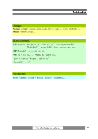 7. Animaliak




Hiztegia
Animali izenak txakur, katu, sagu, txori, suge ... lehoi, elefante ...
        izenak:
Atalak: buztan, hego...
Atalak



Ekintza-
Ekintza-aditzak
Sailkapenak: Zer jaten du? Non bizi da? Nola ugaltzen da?
             Nola dabil? Hegaz dabil, oinez, narraz, igerian...
NON bizi da? ............N bizi da
                         N
NOR da / bizi da... / NORK du / jaten du...
                      NORK
“igeri / korrika / hegaz... egiten du”
“Esan DIO ...-ri”




Adjektiboak
Zikin / garbi, azkar / motel, gaizto, indartsu...




                        Nire lehen koadernoa euskaraz                        60
 