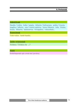9. Pertsonak




Adjektiboak
Handia / txikia, lodia / argala, ilehoria / beltzarana, polita / itsusia,
langilea / alferra, ona / txarra-gaiztoa, luzea /laburra, isila, liraina,
lasaia, bihurria, kakanarrua, lotsagabea, eskuzabala...
Esamoldeak
Txiki-txikia, handi-handia,


Galde-
Galde-erantzunak
Nolakoa / Zelakoa da ...?


Ataza
Deskribapenak egin eredu bati jarraituz.




                        Nire lehen koadernoa euskaraz                       78
 
