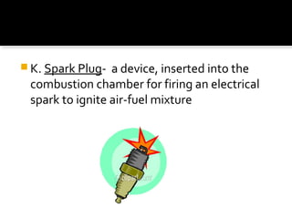  K. Spark Plug- a device, inserted into the
combustion chamber for firing an electrical
spark to ignite air-fuel mixture
 