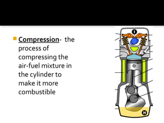  Compression- the
process of
compressing the
air-fuel mixture in
the cylinder to
make it more
combustible
 