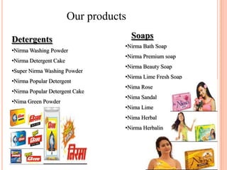 Our products
Detergents                             Soaps
                                   •Nirma Bath Soap
•Nirma Washing Powder
                                   •Nirma Premium soap
•Nirma Detergent Cake
                                   •Nirma Beauty Soap
•Super Nirma Washing Powder
                                   •Nirma Lime Fresh Soap
•Nirma Popular Detergent
                                   •Nima Rose
•Nirma Popular Detergent Cake
                                   •Nima Sandal
•Nima Green Powder
                                   •Nima Lime
                                   •Nima Herbal
                                   •Nirma Herbalin
 