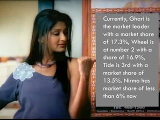  Currently, Ghari is
the market leader
with a market share
of 17.3%, Wheel is
at number 2 with a
share of 16.9%,
Tide is 3rd with a
market share of
13.5%. Nirma has
market share of less
than 6% now
 