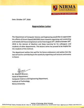 Nirma University Appreciation Letter