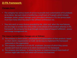 2) ITIL Framework:
Changes Done:
• The company has various levels of service to provide best customization of its products
to its clients but each client is handled by a small team of 4 people which includes
developer ,tester, project manager and a consultant whereas in ITIL the service team
must have many other key players like software architecture etc.
• They also work on every feature provided by the client and when the new features
are very large in number then they make a new release of the product whereas in ITIL
framework the company has to go through various level of request fulfillment , access
and change management etc.
The reason behind these changes are as follows:
1) The company is client centric and provide full customization of their products based
on their client’s requirements so it will not be easy to implement ITIL framework
extensively in the organization
2) The company workforce is of only 95 employees ,because of which they cannot
provide each level of service to its client mentioned in ITIL framework
3) The company also believes in delivering faster so implementing all these levels of
services might take more time which will increase the lead time
 