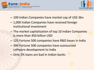 100 Indian Companies have market cap of US$ 3bn  1,000 Indian Companies have received foreign  institutional investment The market capitalization of top 10 Indian Companies is more than 450 billion USD 125 Fortune 500 companies have R&D bases in India 390 Fortune 500 companies have outsourced software development to India Only 2% loans are bad in Indian banks  