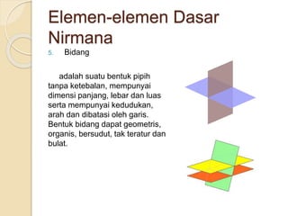 Elemen-elemen Dasar
Nirmana
5. Bidang
adalah suatu bentuk pipih
tanpa ketebalan, mempunyai
dimensi panjang, lebar dan luas
serta mempunyai kedudukan,
arah dan dibatasi oleh garis.
Bentuk bidang dapat geometris,
organis, bersudut, tak teratur dan
bulat.
 