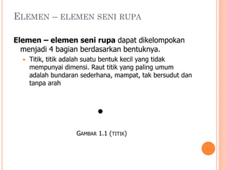 ELEMEN – ELEMEN SENI RUPA
Elemen – elemen seni rupa dapat dikelompokan
menjadi 4 bagian berdasarkan bentuknya.


Titik, titik adalah suatu bentuk kecil yang tidak
mempunyai dimensi. Raut titik yang paling umum
adalah bundaran sederhana, mampat, tak bersudut dan
tanpa arah

GAMBAR 1.1 (TITIK)

 