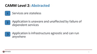 12
CAMM Level 2: Abstracted
Services are stateless
Application is unaware and unaffected by failure of
dependent services
Application is infrastructure agnostic and can run
anywhere
1
2
3
 