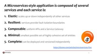 13
1. Elastic: scales up or down independently of other services
2. Resilient: services provide fault isolation boundaries
3. Composable: uniform APIs and a Service Gateway
4. Minimal: smallest possible set of highly cohesive set of entities
5. Complete: can be deployed and versioned independently
A Microservices-style application is composed of several
services and each service is:
https://dzone.com/articles/microservices-five
 
