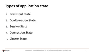Containerizing Traditional Applications – SF Bay Area Microservices Meetup - August 2nd 2016 12
Types of application state
1. Persistent State
2. Configuration State
3. Session State
4. Connection State
5. Cluster State
 