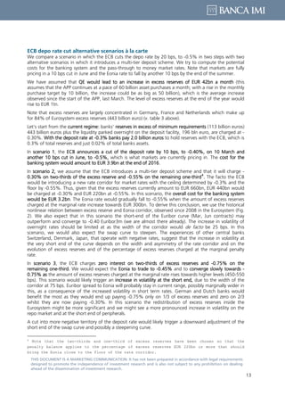 13
THIS DOCUMENT IS A MARKETING COMMUNICATION: It has not been prepared in accordance with legal requirements
designed to promote the independence of investment research and is also not subject to any prohibition on dealing
ahead of the dissemination of investment research.
ECB depo rate cut alternative scenarios à la carte
We compare a scenario in which the ECB cuts the depo rate by 20 bps, to -0.5% in two steps with two
alternative scenarios in which it introduces a multi-tier deposit scheme. We try to compute the potential
costs for the banking system and the pass-through to money market rates. Note that markets are fully
pricing in a 10 bps cut in June and the Eonia rate to fall by another 10 bps by the end of the summer.
We have assumed that QE would lead to an increase in excess reserves of EUR 42bn a month (this
assumes that the APP continues at a pace of 60 billion asset purchases a month; with a rise in the monthly
purchase target by 10 billion, the increase could be as big as 50 billion), which is the average increase
observed since the start of the APP, last March. The level of excess reserves at the end of the year would
rise to EUR 1tn.
Note that excess reserves are largely concentrated in Germany, France and Netherlands which make up
for 84% of Eurosystem excess reserves (443 billion euro) (v. table 3 above).
Let’s start from the current regime: banks’ reserves in excess of minimum requirements (113 billion euros)
443 billion euros plus the liquidity parked overnight on the deposit facility, 196 bln euro, are charged at -
0.30%. With the deposit rate at -0.3% banks pay 2.0 billion euros to hold reserves with the ECB, which is
0.3% of total reserves and just 0.02% of total banks assets.
In scenario 1, the ECB announces a cut of the deposit rate by 10 bps, to -0.40%, on 10 March and
another 10 bps cut in June, to -0.5%, which is what markets are currently pricing in. The cost for the
banking system would amount to EUR 3.9bn at the end of 2016.
In scenario 2, we assume that the ECB introduces a multi-tier deposit scheme and that it will charge -
0.30% on two-thirds of the excess reserve and -0.55% on the remaining one-third
4
. The facto the ECB
would be introducing a new rate corridor for market rates with the ceiling determined by -0.3% and the
floor by -0.55%. Thus, given that the excess reserves currently amount to EUR 660bn, EUR 440bn would
be charged at -0.30% and EUR 220bn at -0.55%. In this scenario, the overall cost for the banking system
would be EUR 3.2bn. The Eonia rate would gradually fall to -0.55% when the amount of excess reserves
charged at the marginal rate increase towards EUR 300bn. To derive this conclusion, we use the historical
nonlinear relation between excess reserve and Eonia corridor, observed since 2008 in the Eurosystem (Fig.
2). We also expect that in this scenario the short-end of the Euribor curve (Mar, Jun contracts) may
outperform and converge to -0.40 Euribor3m (we are almost there already). The increase in volatility of
overnight rates should be limited at as the width of the corridor would de facto be 25 bps. In this
scenario, we would also expect the swap curve to steepen. The experiences of other central banks
Switzerland, Denmark, Japan, that operate with negative rates, suggest that the increase in volatility at
the very short end of the curve depends on the width and asymmetry of the rate corridor and on the
evolution of excess reserves and of the percentage of excess reserves charged at the marginal penalty
rate.
In scenario 3, the ECB charges zero interest on two-thirds of excess reserves and -0.75% on the
remaining one-third. We would expect the Eonia to trade to -0.45% and to converge slowly towards -
0.75% as the amount of excess reserves charged at the marginal rate rises towards higher levels (450-550
bps). This scenario would likely trigger an increase in volatility at the short end, due to the width of the
corridor at 75 bps. Euribor spread to Eonia will probably stay in current range, possibly marginally wider in
this, as a consequence of the increased volatility in short term rates. German and Dutch banks would
benefit the most as they would end up paying -0.75% only on 1/3 of excess reserves and zero on 2/3
whilst they are now paying -0.30%. In this scenario the redistribution of excess reserves inside the
Eurosystem might be more significant and we might see a more pronounced increase in volatility on the
repo market and at the short end of peripherals.
A cut into more negative territory of the deposit rate would likely trigger a downward adjustment of the
short end of the swap curve and possibly a steepening curve.
4
Note that the two-thirds and one-third of excess reserves have been chosen so that the
penalty balance applies to the percentage of excess reserves EUR 220bn or more that should
bring the Eonia close to the floor of the rate corridor.
 