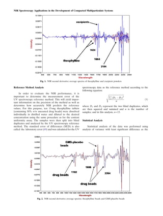 NIR Spectroscopy Applications in the Development of Compacted Multiparticulate Systems




                         Fig. 1. NIR second derivative average spectra of theophylline and excipient powders

Reference Method Analysis                                           spectroscopy data as the reference method according to the
                                                                    following equation:
     In order to evaluate the NIR performance, it is                                        sﬃﬃﬃﬃﬃﬃﬃﬃﬃﬃﬃﬃﬃﬃﬃﬃﬃﬃﬃﬃﬃﬃﬃﬃﬃﬃﬃﬃﬃﬃ
important to determine the measurement error of the                                          P
                                                                                                   ðD1 À D2 Þ2
UV spectroscopy reference method. This will yield impor-                                                                      ð1Þ
                                                                                                          n
tant information on the precision of the method as well as
determine how accurately NIR predicts the reference                 where D1 and D2 represent the two blind duplicates, which
values. For this purpose, ten 15-mg theophylline tablets            are then squared and summed and n is the number of
(containing 50% w/w uncoated drug beads) were dissolved             samples; and in this analysis, n=15.
individually in distilled water and diluted to the desired
concentration using the same procedure as for the content
uniformity assay. The samples were then split into blind            Statistical Analysis
duplicates and analyzed by the UV spectroscopy reference
method. The standard error of differences (SED) is also                 Statistical analysis of the data was performed using
called the laboratory error (49) and was calculated for the UV      analysis of variance with least signiﬁcant difference as the




                      Fig. 2. NIR second derivative average spectra: theophylline beads and GMS-placebo beads
 