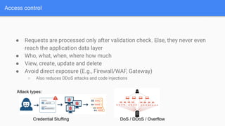 Access control
● Requests are processed only after validation check. Else, they never even
reach the application data layer
● Who, what, when, where how much
● View, create, update and delete
● Avoid direct exposure (E.g., Firewall/WAF, Gateway)
○ Also reduces DDoS attacks and code injections
Attack types:
Credential Stuffing DoS / DDoS / Overflow
 