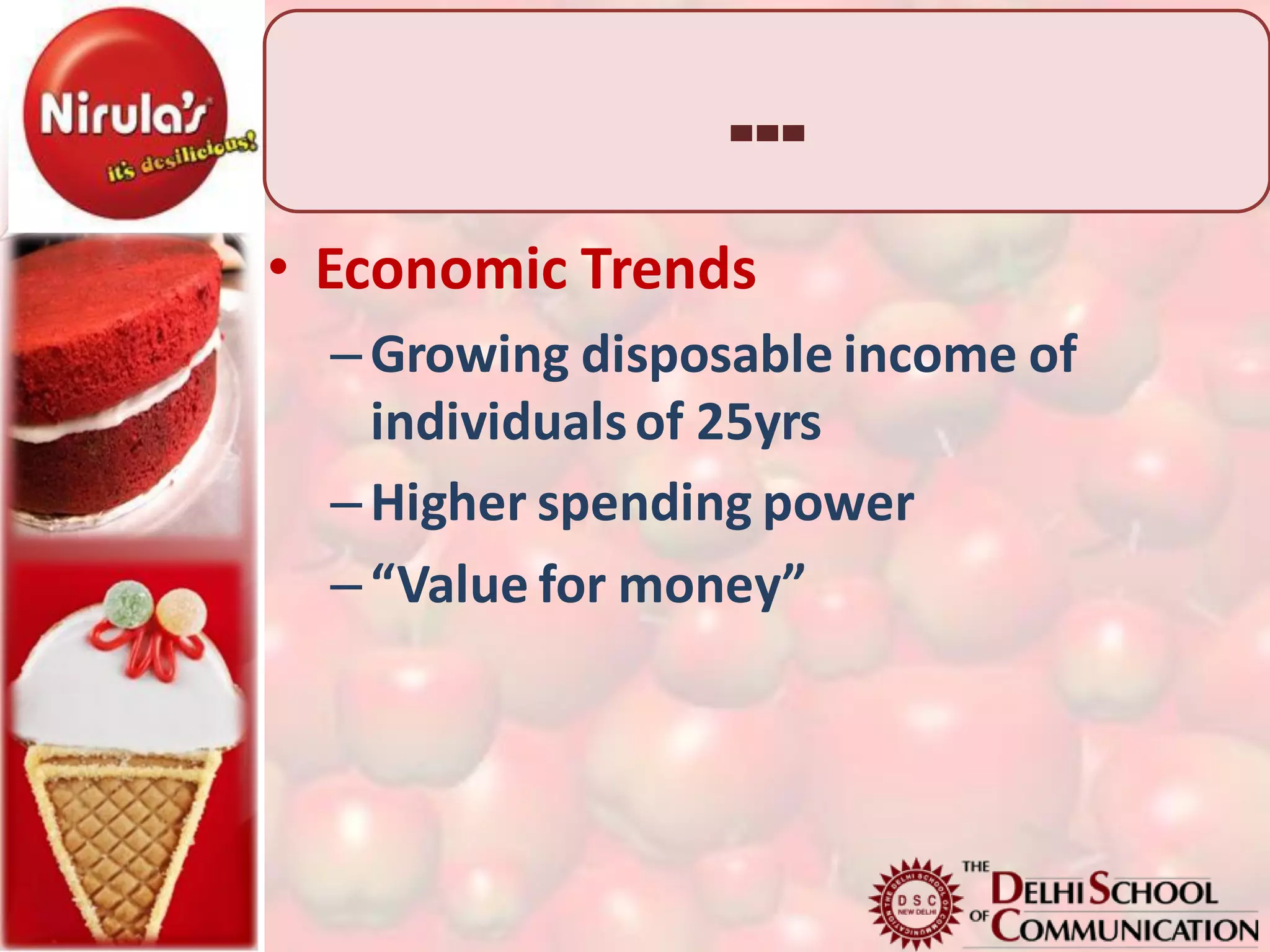 …
• Economic Trends
  – Growing disposable income of
    individuals of 25yrs
  – Higher spending power
  – “Value for money”
 