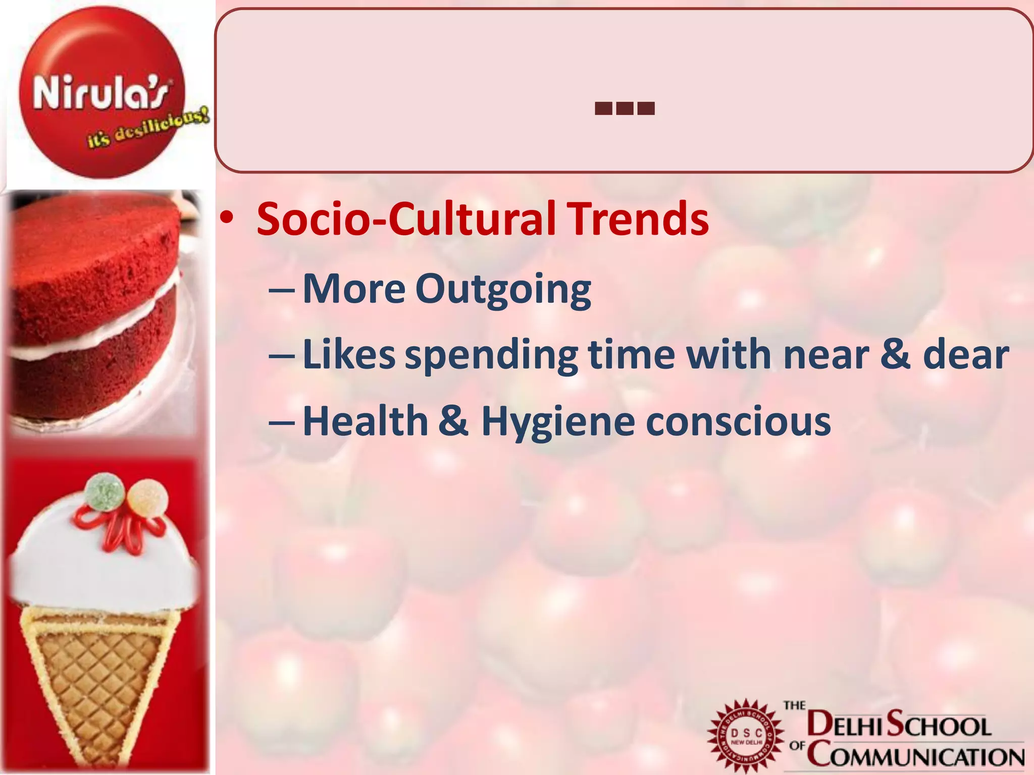 …
• Socio-Cultural Trends
  – More Outgoing
  – Likes spending time with near & dear
  – Health & Hygiene conscious
 