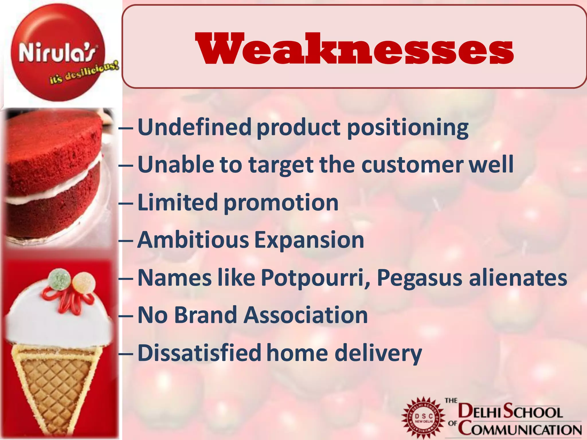 Weaknesses
– Undefined product positioning
– Unable to target the customer well
– Limited promotion
– Ambitious Expansion
– Names like Potpourri, Pegasus alienates
– No Brand Association
– Dissatisfied home delivery
 
