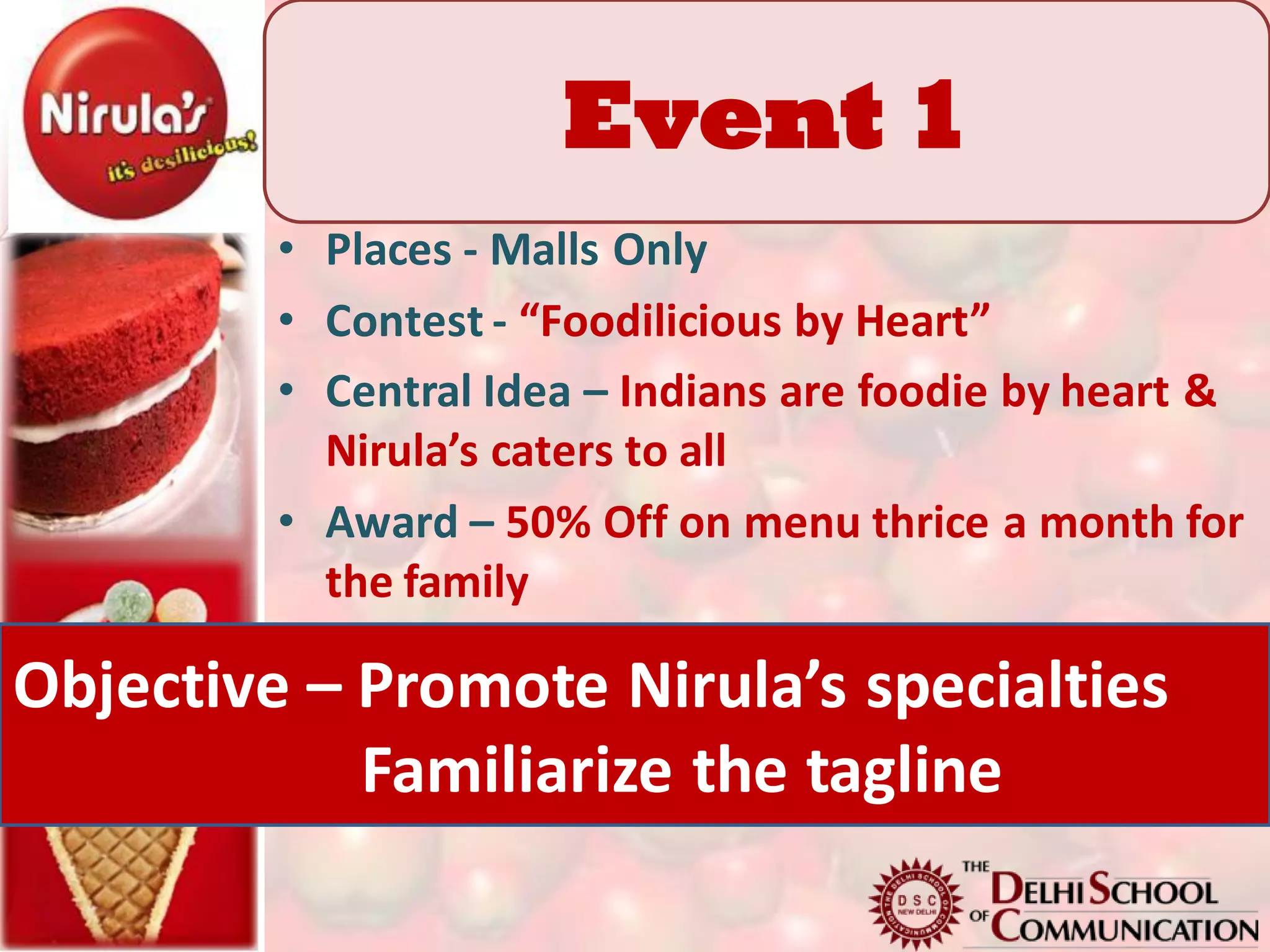 Event 1
         • Places - Malls Only
         • Contest - “Foodilicious by Heart”
         • Central Idea – Indians are foodie by heart &
           Nirula’s caters to all
         • Award – 50% Off on menu thrice a month for
           the family

Objective – Promote Nirula’s specialties
            Familiarize the tagline
 