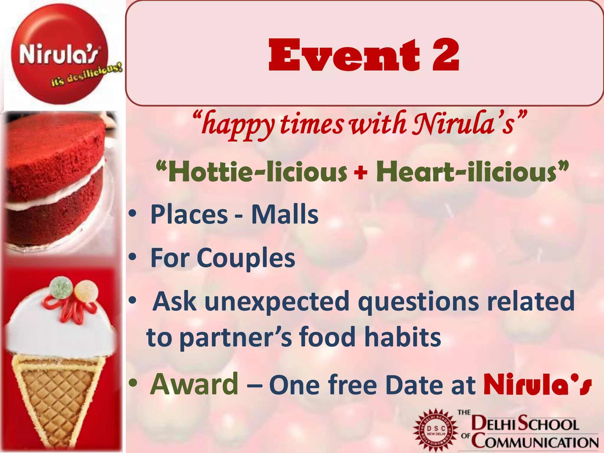 Event 2
    “happy times with Nirula’s”
   “Hottie-licious + Heart-ilicious”
• Places - Malls
• For Couples
• Ask unexpected questions related
  to partner’s food habits
• Award – One free Date at Nirula’s
 