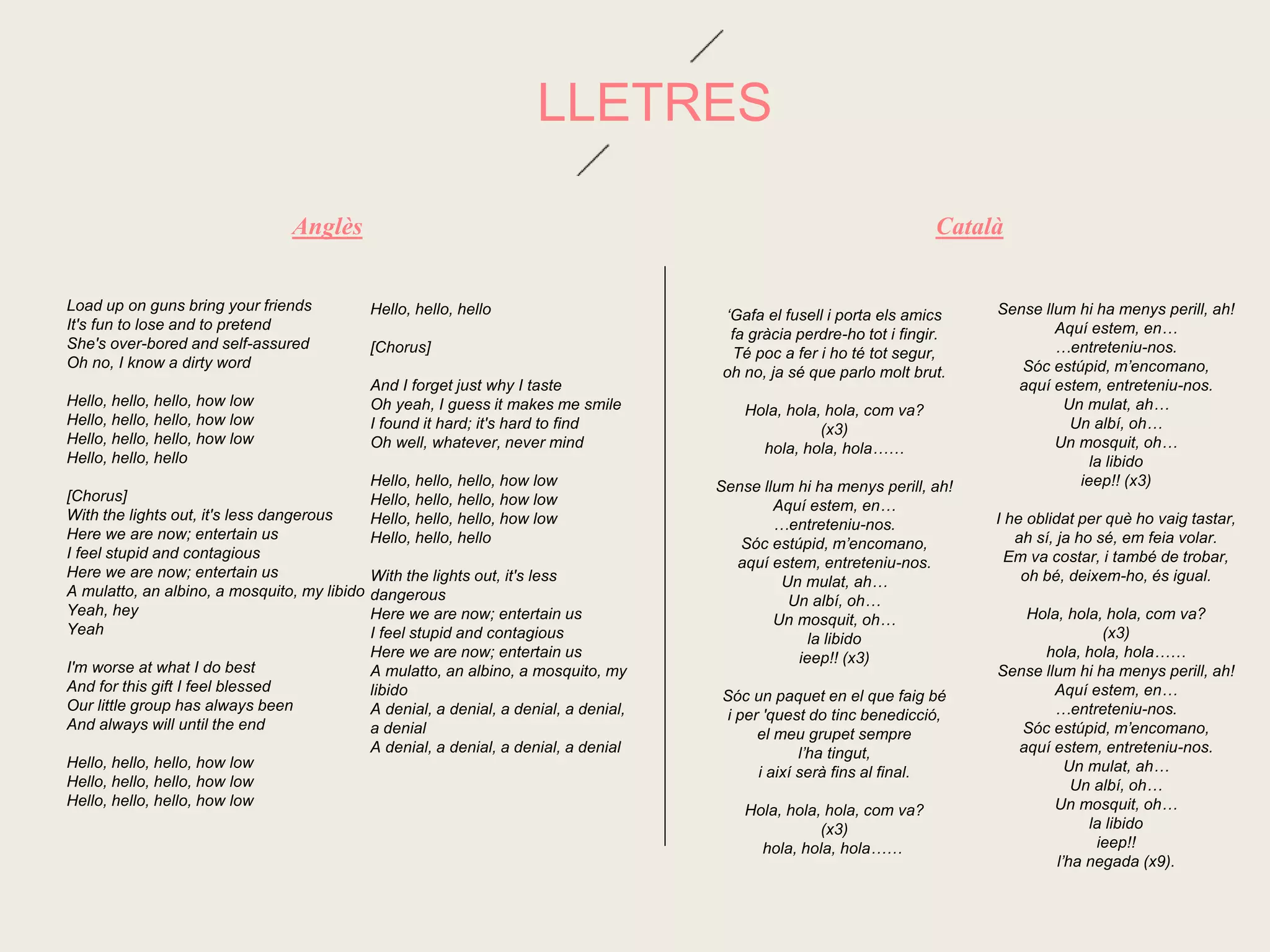 LLETRES
Anglès
Load up on guns bring your friends
It's fun to lose and to pretend
She's over-bored and self-assured
Oh no, I know a dirty word
Hello, hello, hello, how low
Hello, hello, hello, how low
Hello, hello, hello, how low
Hello, hello, hello
[Chorus]
With the lights out, it's less dangerous
Here we are now; entertain us
I feel stupid and contagious
Here we are now; entertain us
A mulatto, an albino, a mosquito, my libido
Yeah, hey
Yeah
I'm worse at what I do best
And for this gift I feel blessed
Our little group has always been
And always will until the end
Hello, hello, hello, how low
Hello, hello, hello, how low
Hello, hello, hello, how low
Català
‘Gafa el fusell i porta els amics
fa gràcia perdre-ho tot i fingir.
Té poc a fer i ho té tot segur,
oh no, ja sé que parlo molt brut.
Hola, hola, hola, com va?
(x3)
hola, hola, hola……
Sense llum hi ha menys perill, ah!
Aquí estem, en…
…entreteniu-nos.
Sóc estúpid, m’encomano,
aquí estem, entreteniu-nos.
Un mulat, ah…
Un albí, oh…
Un mosquit, oh…
la libido
ieep!! (x3)
Sóc un paquet en el que faig bé
i per 'quest do tinc benedicció,
el meu grupet sempre
l’ha tingut,
i així serà fins al final.
Hola, hola, hola, com va?
(x3)
hola, hola, hola……
Sense llum hi ha menys perill, ah!
Aquí estem, en…
…entreteniu-nos.
Sóc estúpid, m’encomano,
aquí estem, entreteniu-nos.
Un mulat, ah…
Un albí, oh…
Un mosquit, oh…
la libido
ieep!! (x3)
I he oblidat per què ho vaig tastar,
ah sí, ja ho sé, em feia volar.
Em va costar, i també de trobar,
oh bé, deixem-ho, és igual.
Hola, hola, hola, com va?
(x3)
hola, hola, hola……
Sense llum hi ha menys perill, ah!
Aquí estem, en…
…entreteniu-nos.
Sóc estúpid, m’encomano,
aquí estem, entreteniu-nos.
Un mulat, ah…
Un albí, oh…
Un mosquit, oh…
la libido
ieep!!
l’ha negada (x9).
Hello, hello, hello
[Chorus]
And I forget just why I taste
Oh yeah, I guess it makes me smile
I found it hard; it's hard to find
Oh well, whatever, never mind
Hello, hello, hello, how low
Hello, hello, hello, how low
Hello, hello, hello, how low
Hello, hello, hello
With the lights out, it's less
dangerous
Here we are now; entertain us
I feel stupid and contagious
Here we are now; entertain us
A mulatto, an albino, a mosquito, my
libido
A denial, a denial, a denial, a denial,
a denial
A denial, a denial, a denial, a denial
 