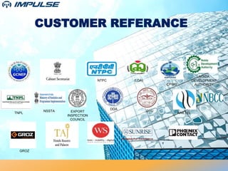 CUSTOMER REFERANCE
NTPC (LDA)
CPWD
NOIDA
DEVELOPMENT
AUTHORITY
TNPL
NSSTA
GROZ
DDA
DTU
RAILTEL
EXPORT
INSPECTION
COUNCIL
 