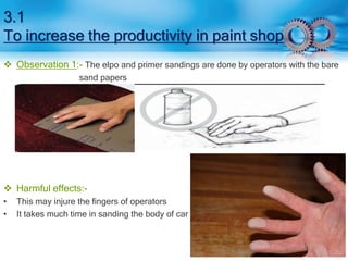 3.1 
To increase the productivity in paint shop 
 Observation 1:- The elpo and primer sandings are done by operators with the bare 
sand papers 
 Harmful effects:- 
• This may injure the fingers of operators 
• It takes much time in sanding the body of car 
 