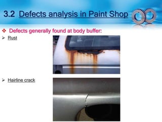 3.2 Defects analysis in Paint Shop 
 Defects generally found at body buffer: 
 Rust 
 Hairline crack 
 