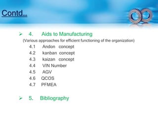 Contd… 
 4. Aids to Manufacturing 
(Various approaches for efficient functioning of the organization) 
4.1 Andon concept 
4.2 kanban concept 
4.3 kaizan concept 
4.4 VIN Number 
4.5 AGV 
4.6 QCOS 
4.7 PFMEA 
 5. Bibliography 
 
