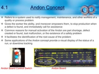4.1 Andon Concept 
 Refers to a system used to notify management, maintenance, and other workers of a 
quality or process problem 
 Gives the worker the ability, and moreover empowers them, to stop production when 
a defect is found, and immediately call for assistance 
 Common reasons for manual activation of the Andon are part shortage, defect 
created or found, tool malfunction, or the existence of a safety problem 
 It facilitates the identification of the root cause of the problem 
 Some applications of the Andon concept provide a visual display of the status of a 
run, or downtime tracking 
Andon Board Control Switch Andon Board 
 