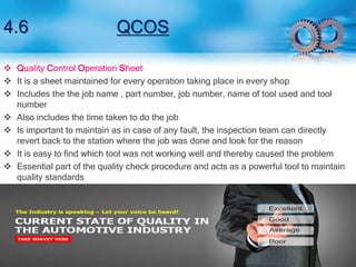 4.6 QCOS 
 Quality Control Operation Sheet 
 It is a sheet maintained for every operation taking place in every shop 
 Includes the the job name , part number, job number, name of tool used and tool 
number 
 Also includes the time taken to do the job 
 Is important to maintain as in case of any fault, the inspection team can directly 
revert back to the station where the job was done and look for the reason 
 It is easy to find which tool was not working well and thereby caused the problem 
 Essential part of the quality check procedure and acts as a powerful tool to maintain 
quality standards 
 