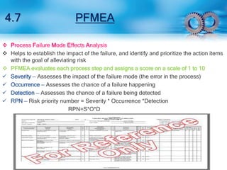 4.7 PFMEA 
 Process Failure Mode Effects Analysis 
 Helps to establish the impact of the failure, and identify and prioritize the action items 
with the goal of alleviating risk 
 PFMEA evaluates each process step and assigns a score on a scale of 1 to 10 
 Severity — Assesses the impact of the failure mode (the error in the process) 
 Occurrence — Assesses the chance of a failure happening 
 Detection — Assesses the chance of a failure being detected 
 RPN — Risk priority number = Severity * Occurrence *Detection 
RPN=S*O*D 
 