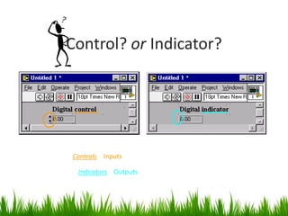 Control? or Indicator?




Controls = Inputs from the user = Source Terminals

 Indicators = Outputs to the user = Destinations
 