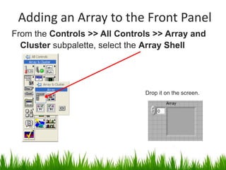 Adding an Array to the Front Panel
From the Controls >> All Controls >> Array and
  Cluster subpalette, select the Array Shell




                               Drop it on the screen.
 