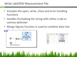 Write LabVIEW Measurement File

• Includes the open, write, close and error handling
  functions
• Handles formatting the string with either a tab or
  comma delimiter
• Merge Signals function is used to combine data into
  the dynamic data type
 
