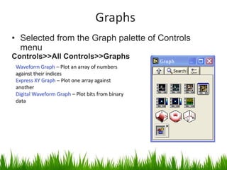 Graphs
• Selected from the Graph palette of Controls
  menu
Controls>>All Controls>>Graphs
 Waveform Graph – Plot an array of numbers
 against their indices
 Express XY Graph – Plot one array against
 another
 Digital Waveform Graph – Plot bits from binary
 data
 