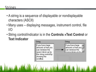 Strings

 • A string is a sequence of displayable or nondisplayable
   characters (ASCII)
 • Many uses – displaying messages, instrument control, file
   I/O
 • String control/indicator is in the Controls »Text Control or
   Text Indicator
 