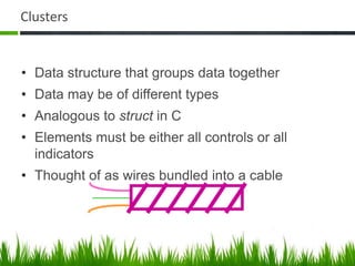 Clusters


• Data structure that groups data together
• Data may be of different types
• Analogous to struct in C
• Elements must be either all controls or all
  indicators
• Thought of as wires bundled into a cable
 